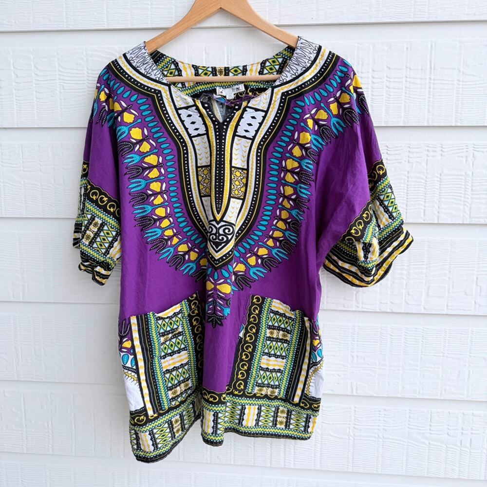 It Gal Purple Dashiki Tunic XL Boho Cotton Top